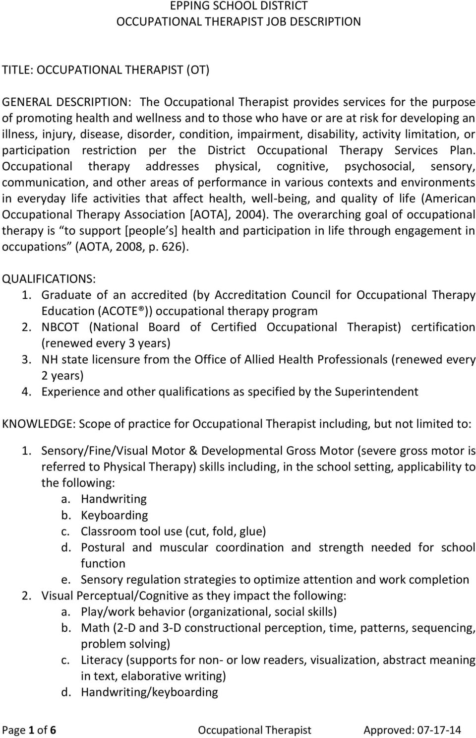 District Occupational Therapy Services Plan.