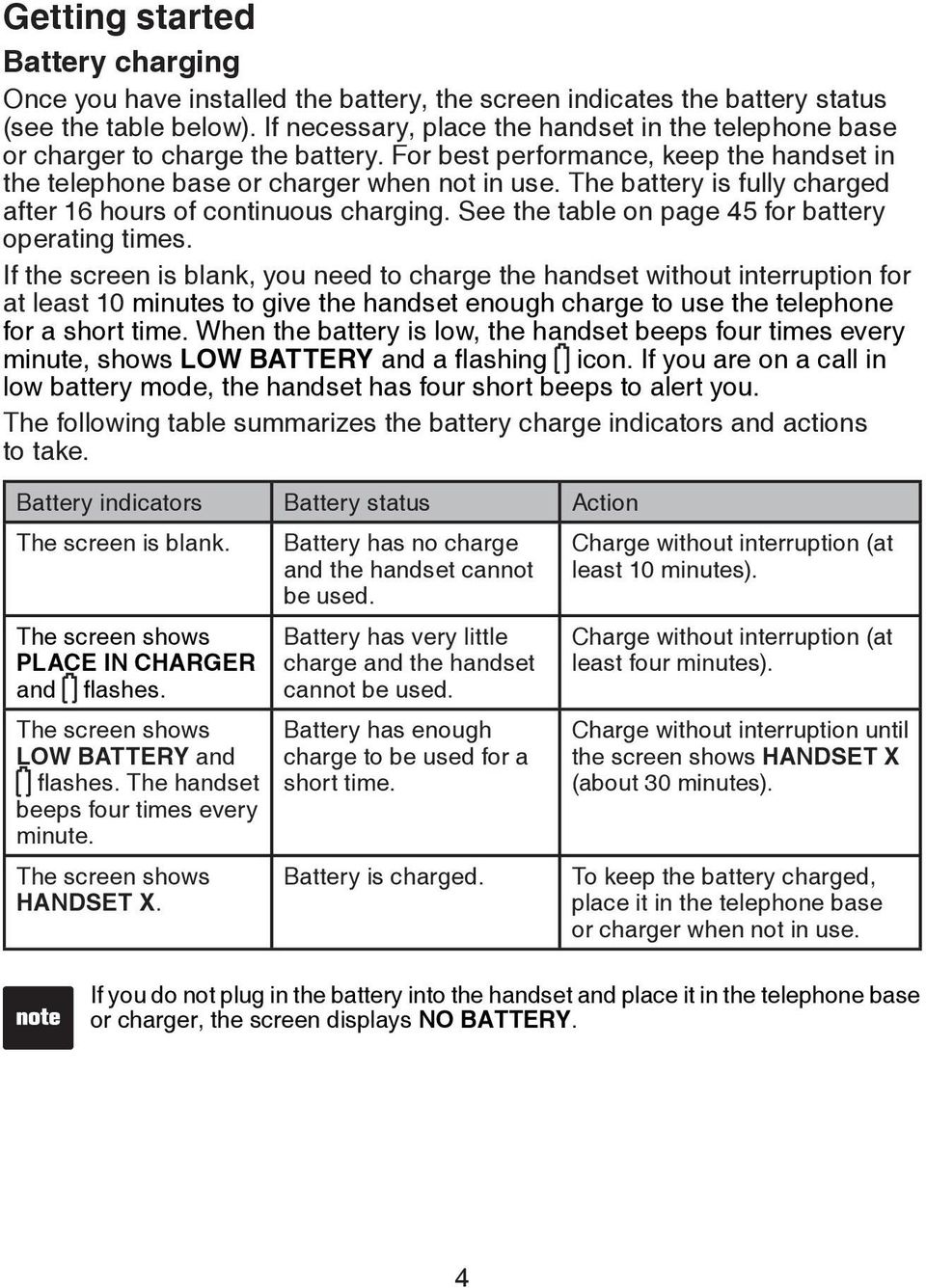 The battery is fully charged after 16 hours of continuous charging. See the table on page 45 for battery operating times.
