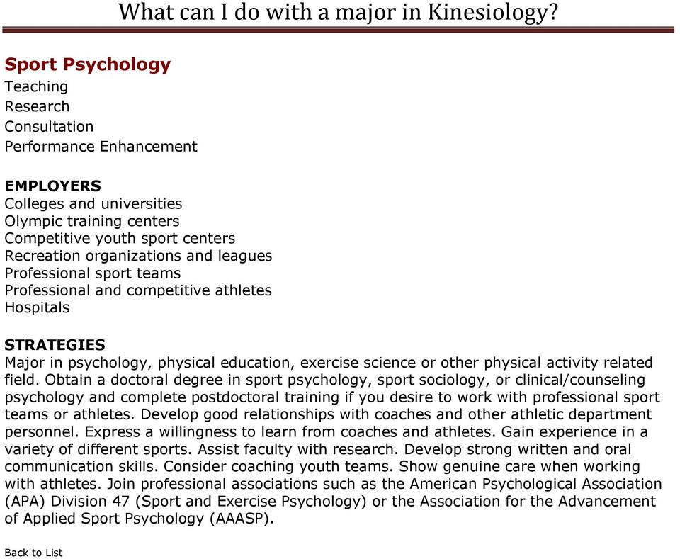 Obtain a doctoral degree in sport psychology, sport sociology, or clinical/counseling psychology and complete postdoctoral training if you desire to work with professional sport teams or athletes.
