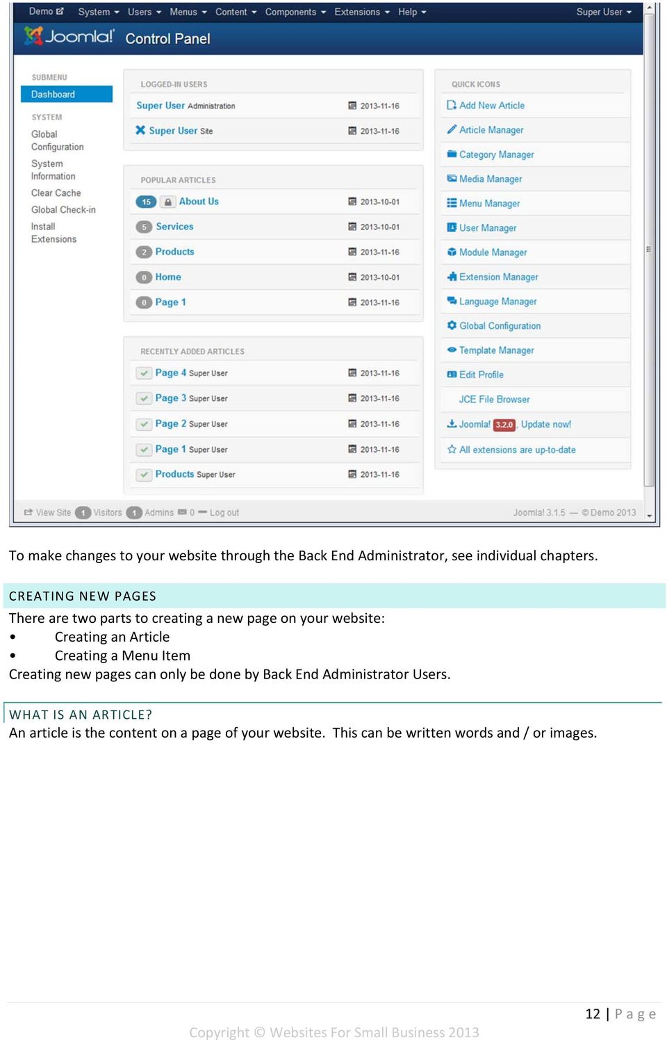Creating a Menu Item Creating new pages can only be done by Back End Administrator Users.