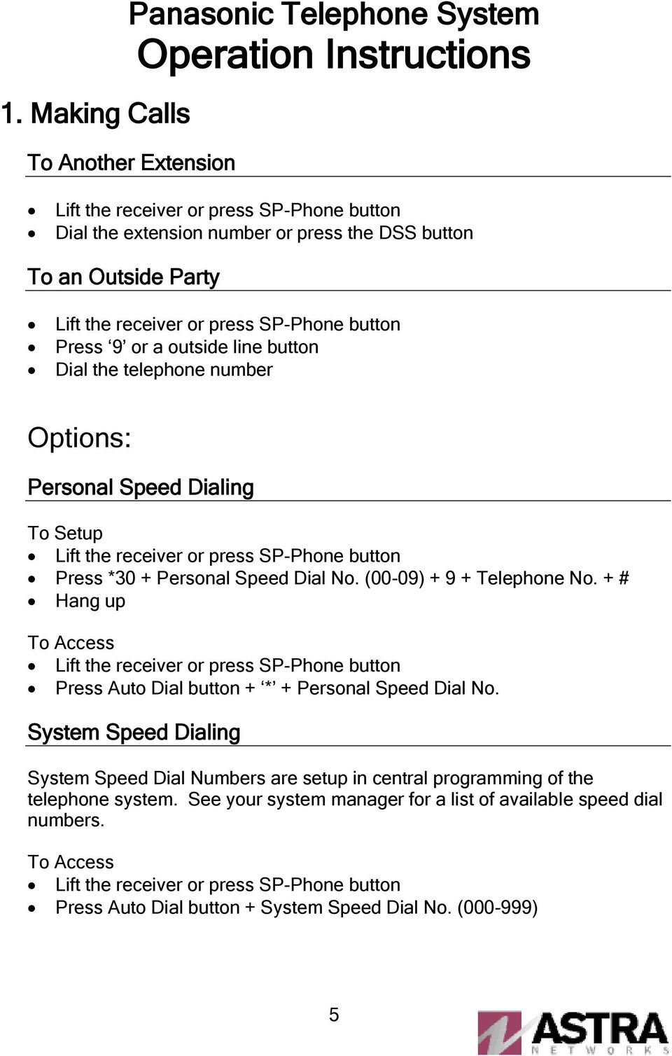 (00-09) + 9 + Telephone No. + # Hang up To Access Press Auto Dial button + * + Personal Speed Dial No.