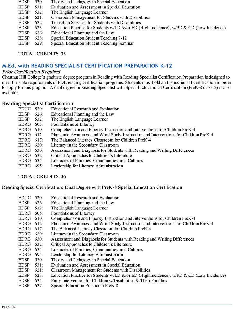 Education Student Teaching 7-12 EDSP 629: Special Education Student Teaching Seminar TOTAL CREDITS: 33 M.Ed. with READING SPECIALIST CERTIFICATION PREPARATION K-12 Prior Certification Required