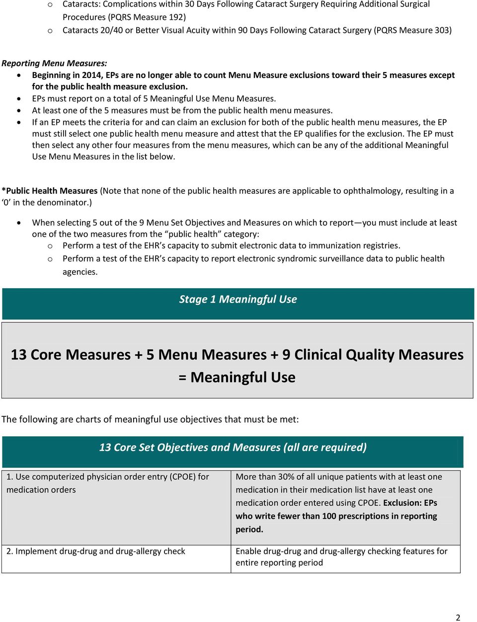 exclusion. EPs must report on a total of 5 Meaningful Use Menu Measures. At least one of the 5 measures must be from the public health menu measures.