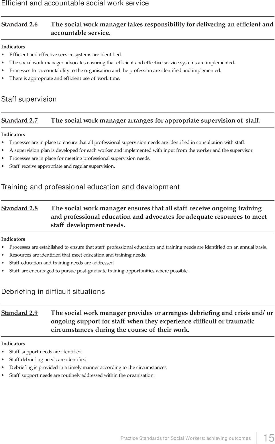 Processes for accountability to the organisation and the profession are identified and implemented. There is appropriate and efficient use of work time. Staff supervision Standard 2.