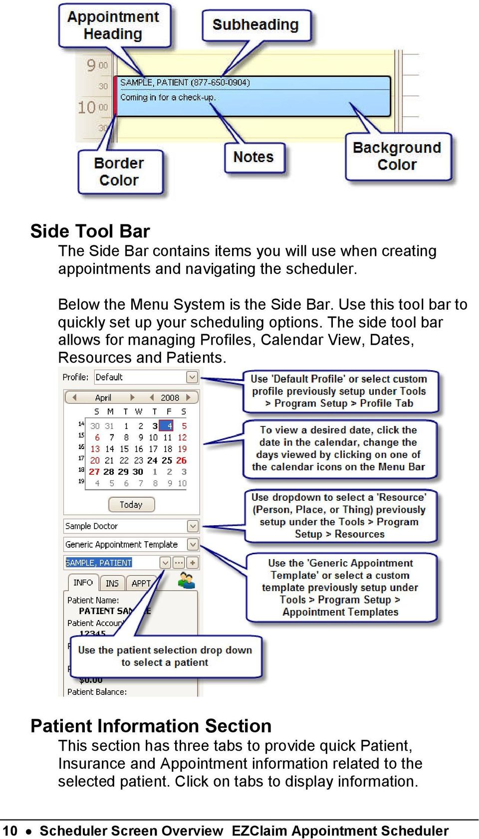 The side tool bar allows for managing Profiles, Calendar View, Dates, Resources and Patients.