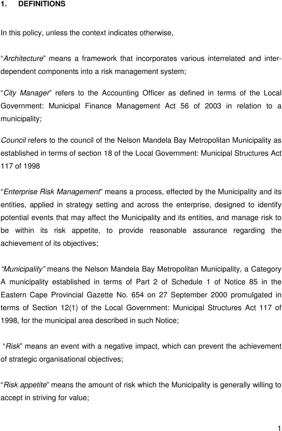 council of the Nelson Mandela Bay Metropolitan Municipality as established in terms of section 18 of the Local Government: Municipal Structures Act 117 of 1998 Enterprise Risk Management means a