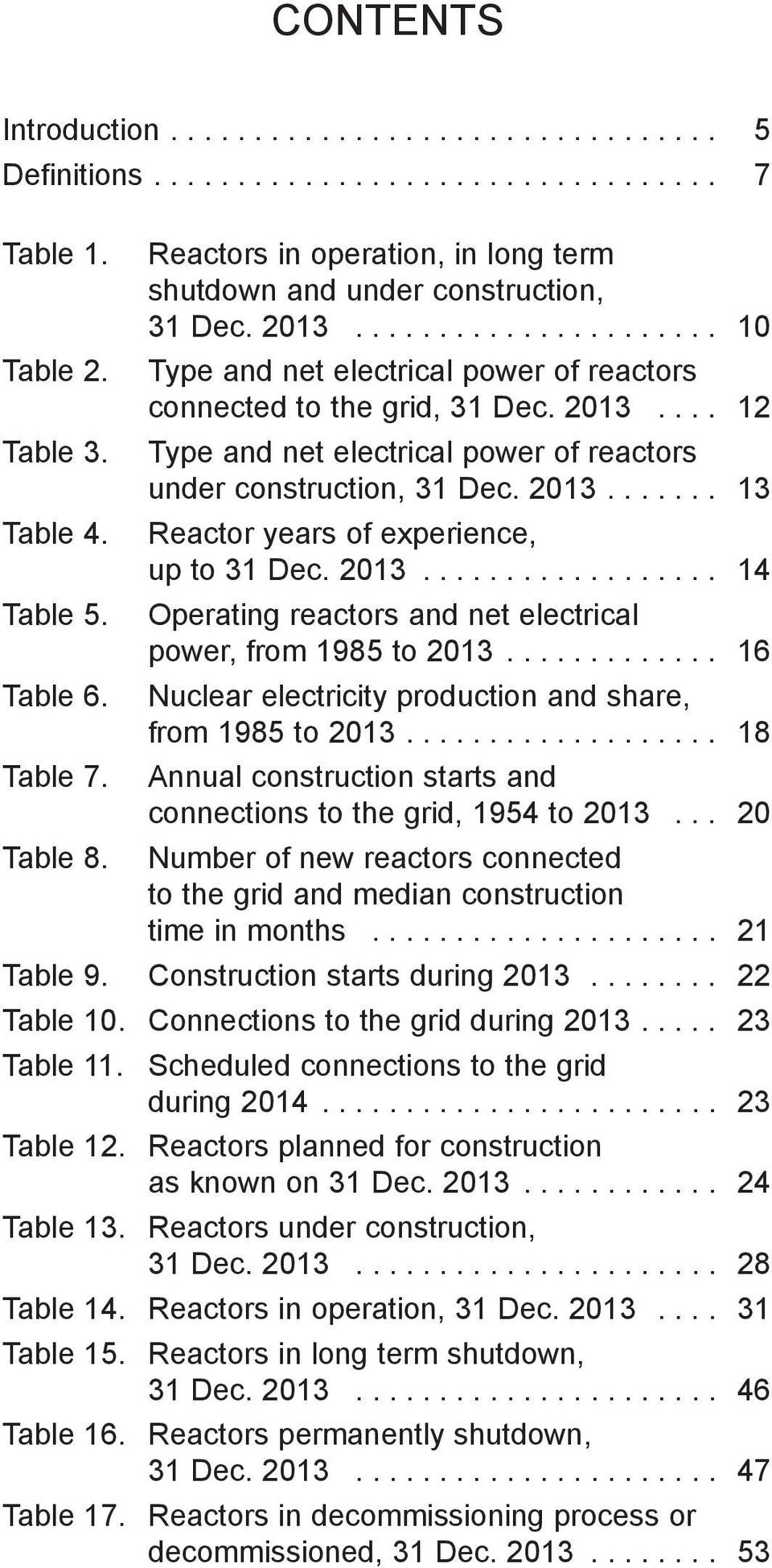 Reactor years of experience, up to 31 Dec. 2013... 14 Table 5. Operating reactors and net electrical power, from 1985 to 2013... 16 Table 6.