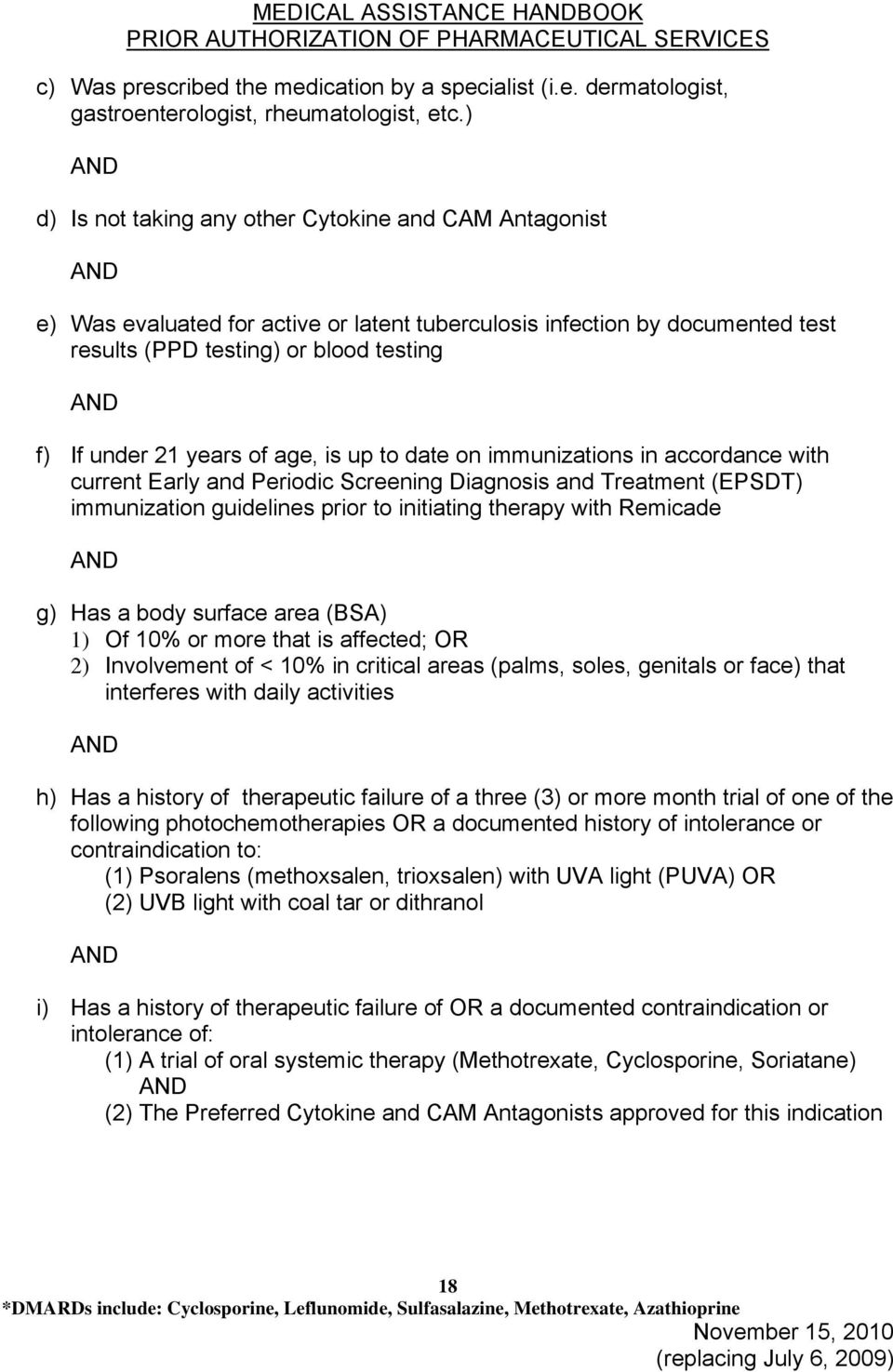 the medication by a specialist (i.e. dermatologist, d) Is not taking any other Cytokine and CAM Antagonist e) Was evaluated for active or latent tuberculosis infection by documented test f) If under