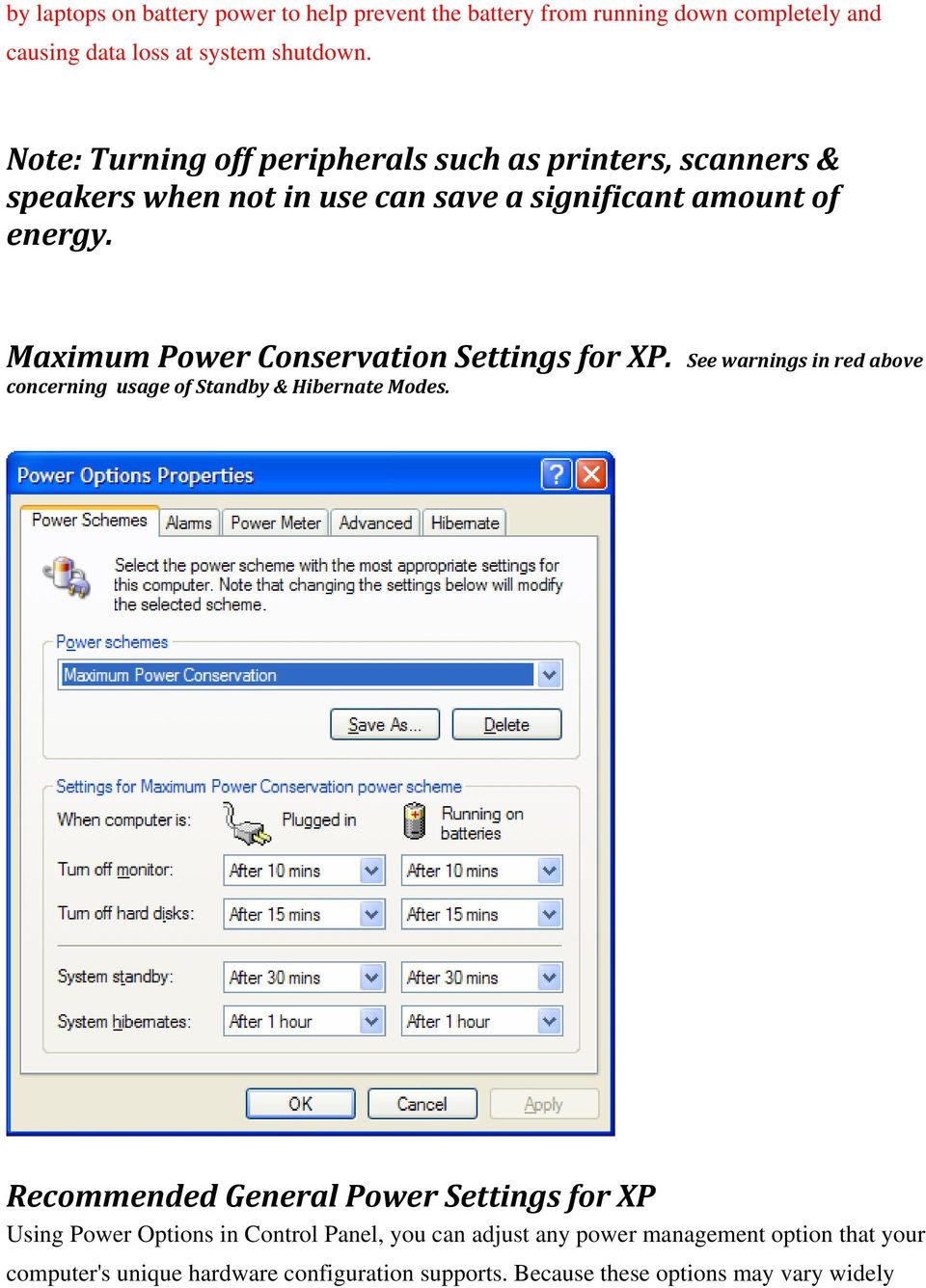 Maximum Power Conservation Settings for XP. See warnings in red above concerning usage of Standby & Hibernate Modes.