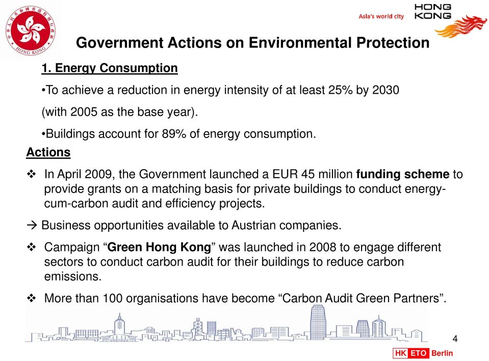 Actions In April 2009, the Government launched a EUR 45 million funding scheme to provide grants on a matching basis for private buildings to conduct energycum-carbon