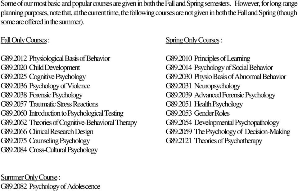 Fall Only Courses : Spring Only Courses : G89.2012 Physiological Basis of Behavior G89.2010 Principles of Learning G89.2020 Child Development G89.2014 Psychology of Social Behavior G89.