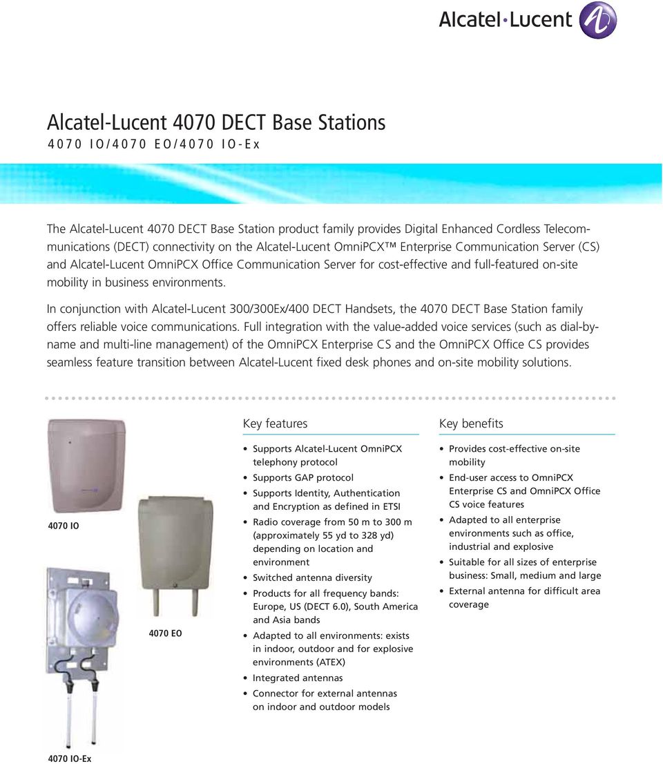 environments. In conjunction with Alcatel-Lucent 300/300Ex/400 DECT Handsets, the 4070 DECT Base Station family offers reliable voice communications.