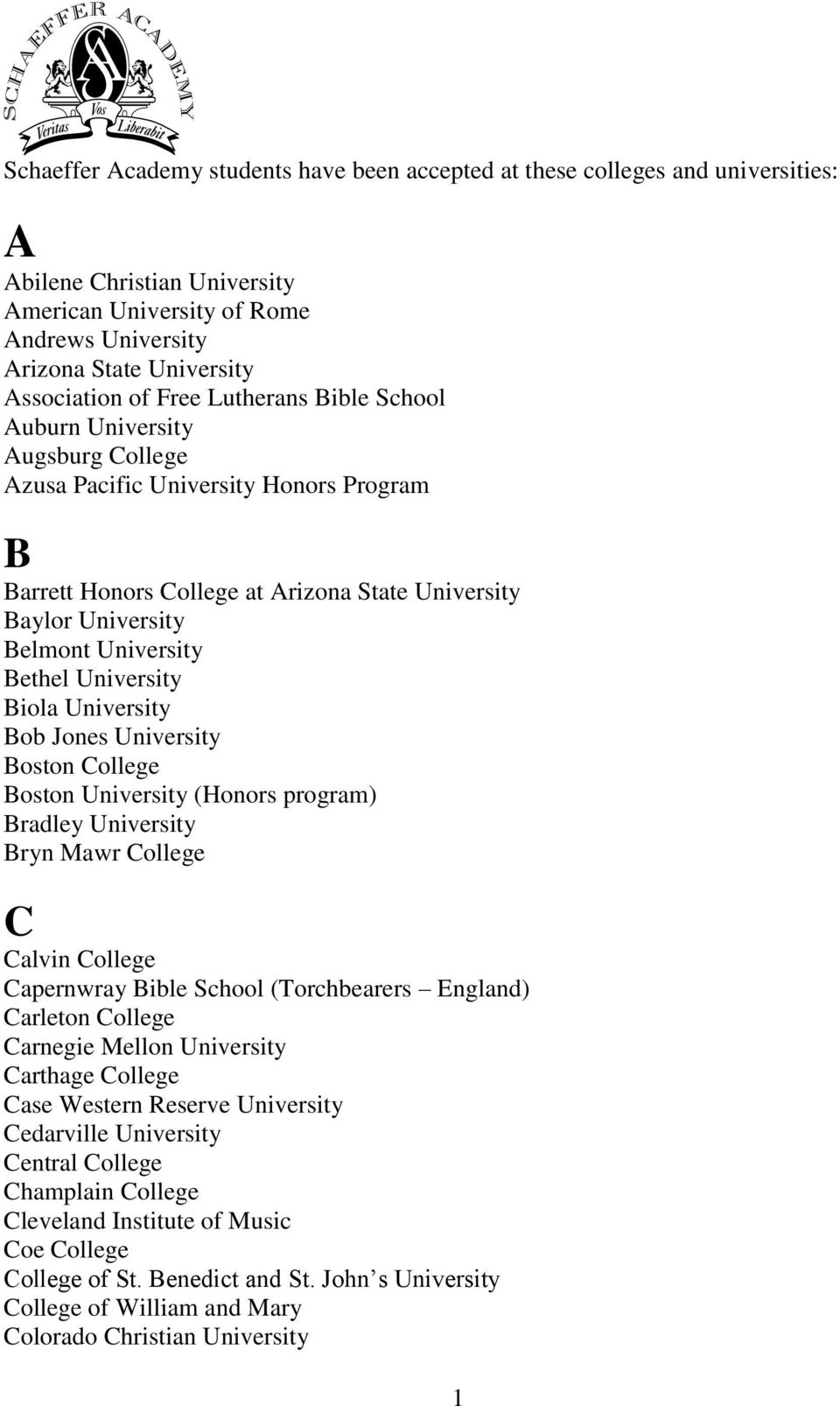 Schaeffer Academy Students Have Been Accepted At These Colleges And Universities Pdf Free Download