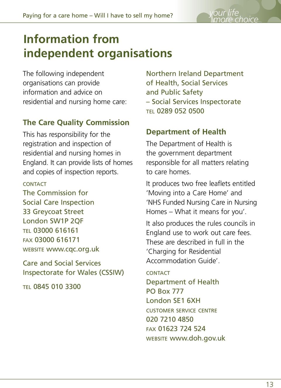 The Commission for Social Care Inspection 33 Greycoat Street London SW1P 2QF TEL 03000 616161 FAX 03000 616171 WEBSITE www.cqc.org.
