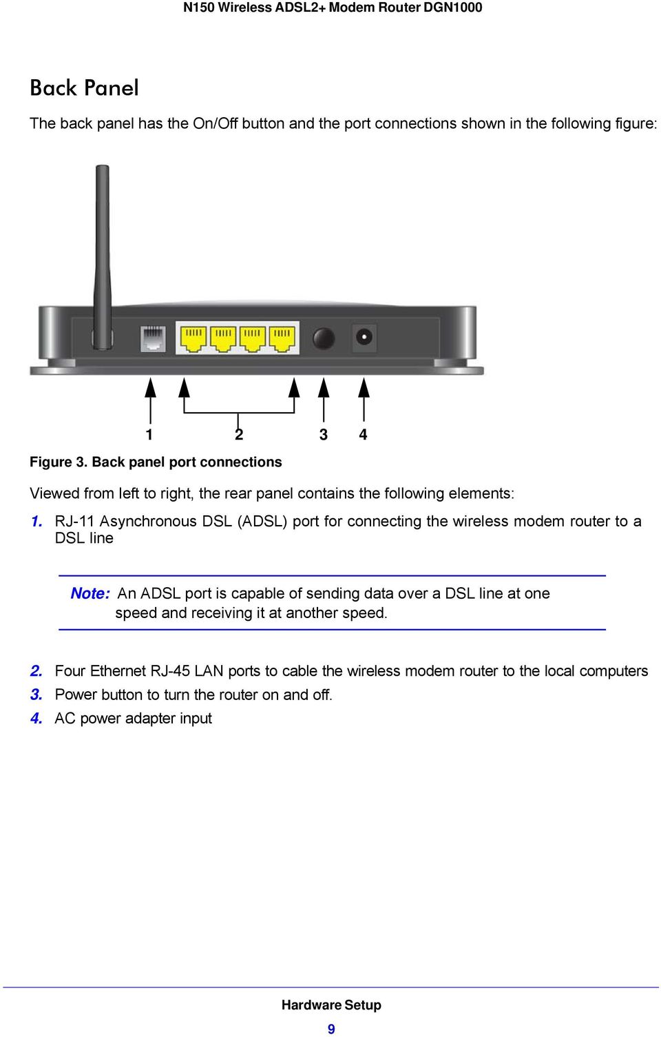 RJ-11 Asynchronous DSL (ADSL) port for connecting the wireless modem router to a DSL line Note: An ADSL port is capable of sending data over a DSL line