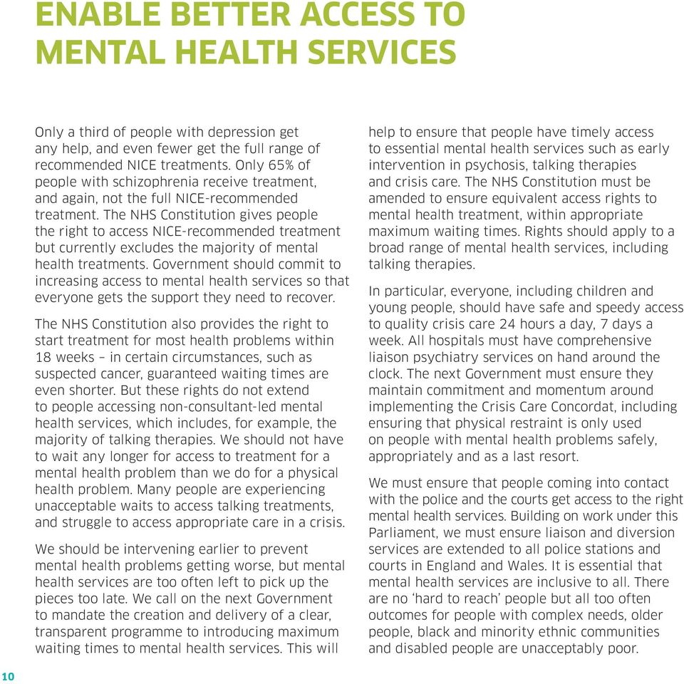 The NHS Constitution gives people the right to access NICE-recommended treatment but currently excludes the majority of mental health treatments.