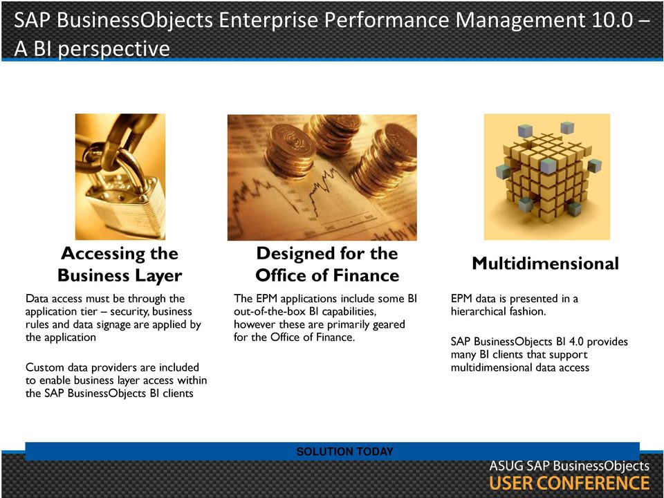 application Custom data providers are included to enable business layer access within the SAP BusinessObjects BI clients Designed for the Office of Finance The EPM