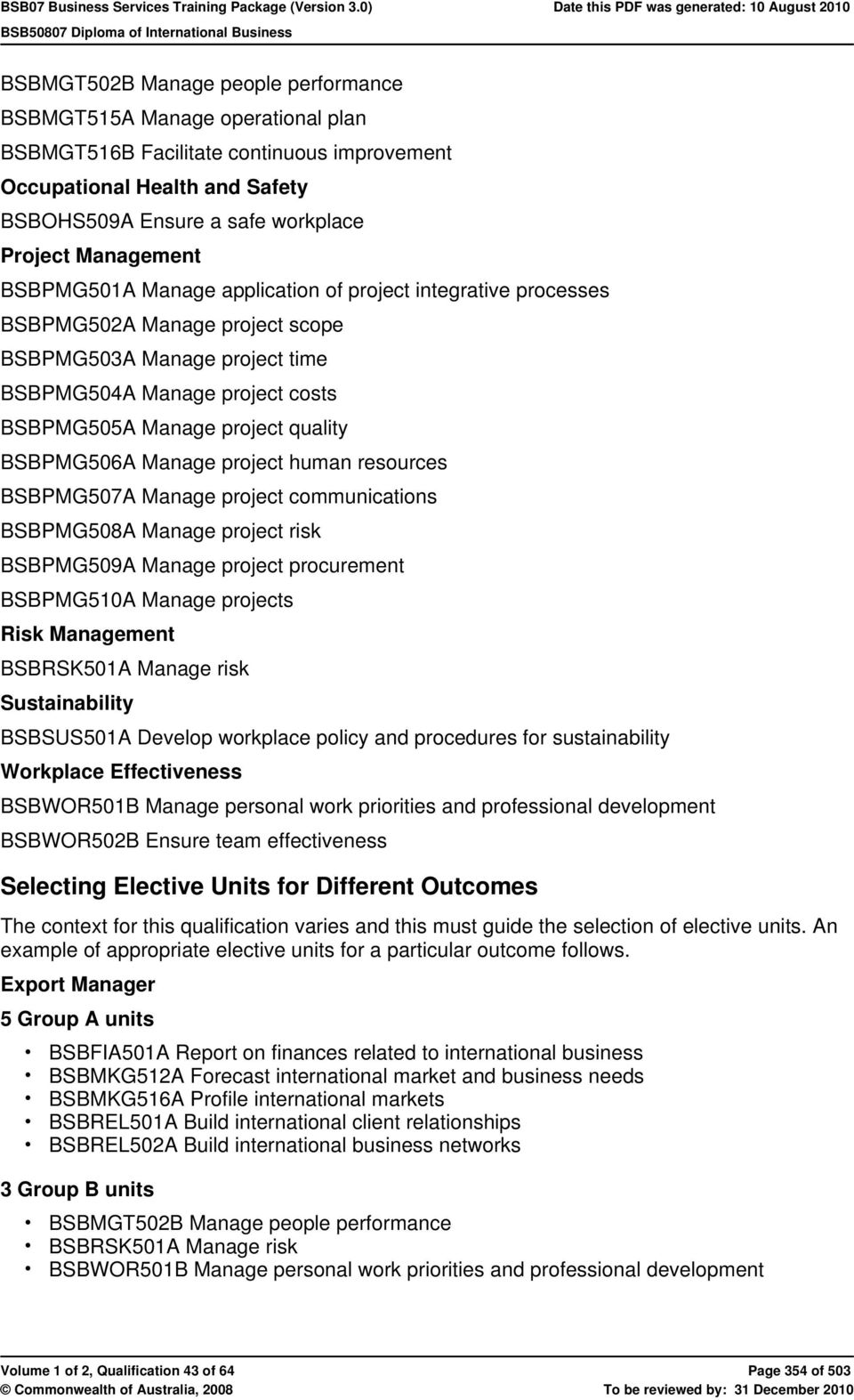 quality BSBPMG506A Manage project human resources BSBPMG507A Manage project communications BSBPMG508A Manage project risk BSBPMG509A Manage project procurement BSBPMG510A Manage projects Risk