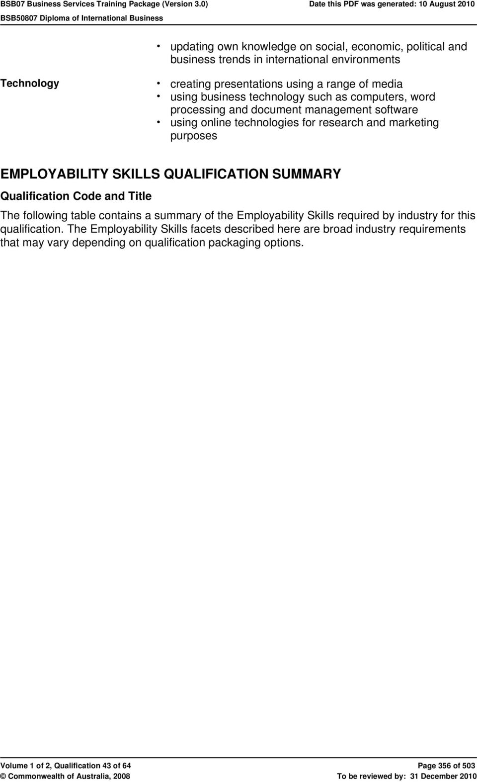QUALIFICATION SUMMARY Qualification Code and Title The following table contains a summary of the Employability Skills required by industry for this qualification.