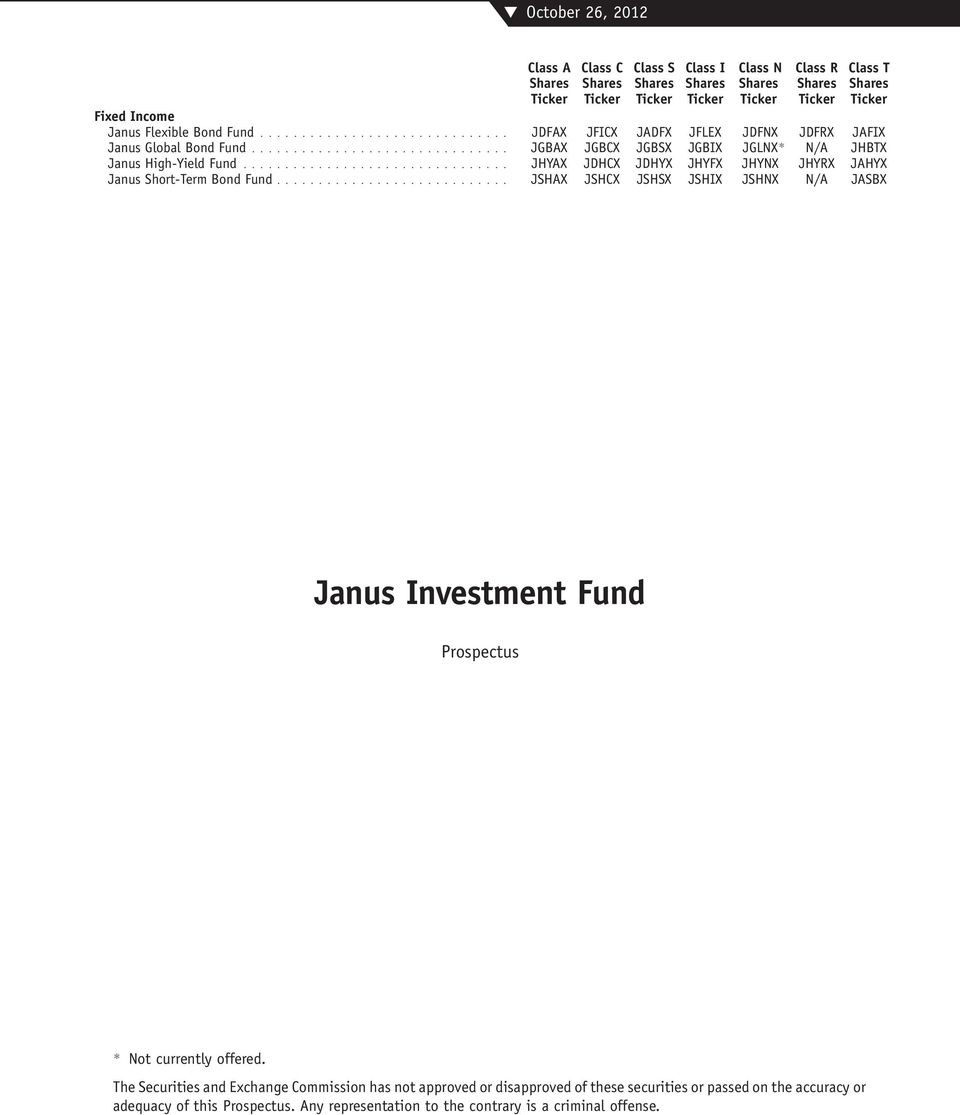 .. JHYAX JDHCX JDHYX JHYFX JHYNX JHYRX JAHYX Janus Short-Term Bond Fund... JSHAX JSHCX JSHSX JSHIX JSHNX N/A JASBX Janus Investment Fund Prospectus * Not currently offered.