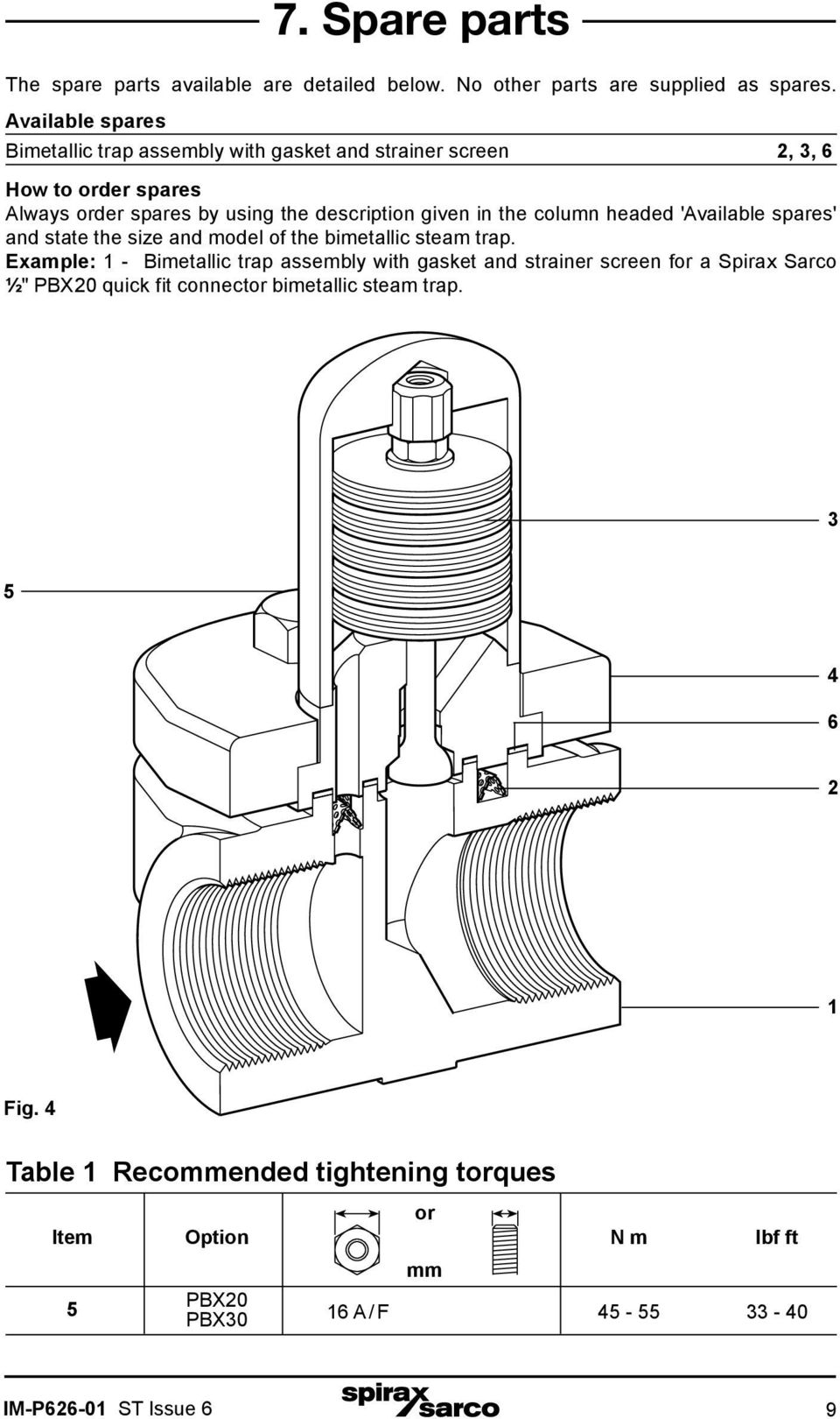 the column headed 'Available spares' and state the size and model of the bimetallic steam trap.