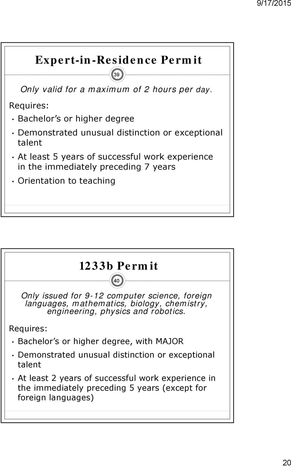 preceding 7 years Orientation to teaching 1233b Permit 40 Only issued for 9-12 computer science, foreign languages, mathematics, biology, chemistry,