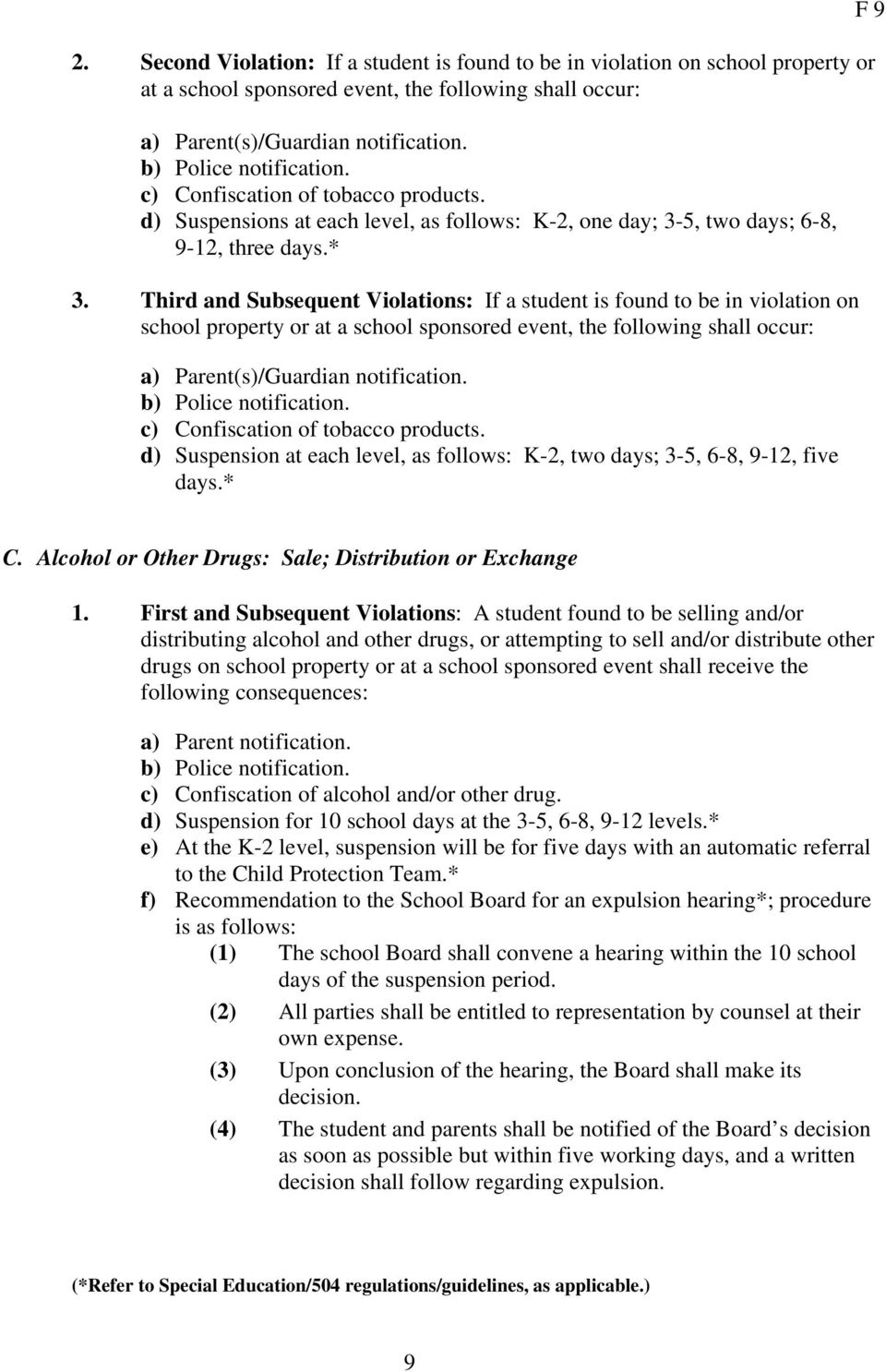 Third and Subsequent Violations: If a student is found to be in violation on school property or at a school sponsored event, the following shall occur: d) Suspension at each level, as follows: K-2,