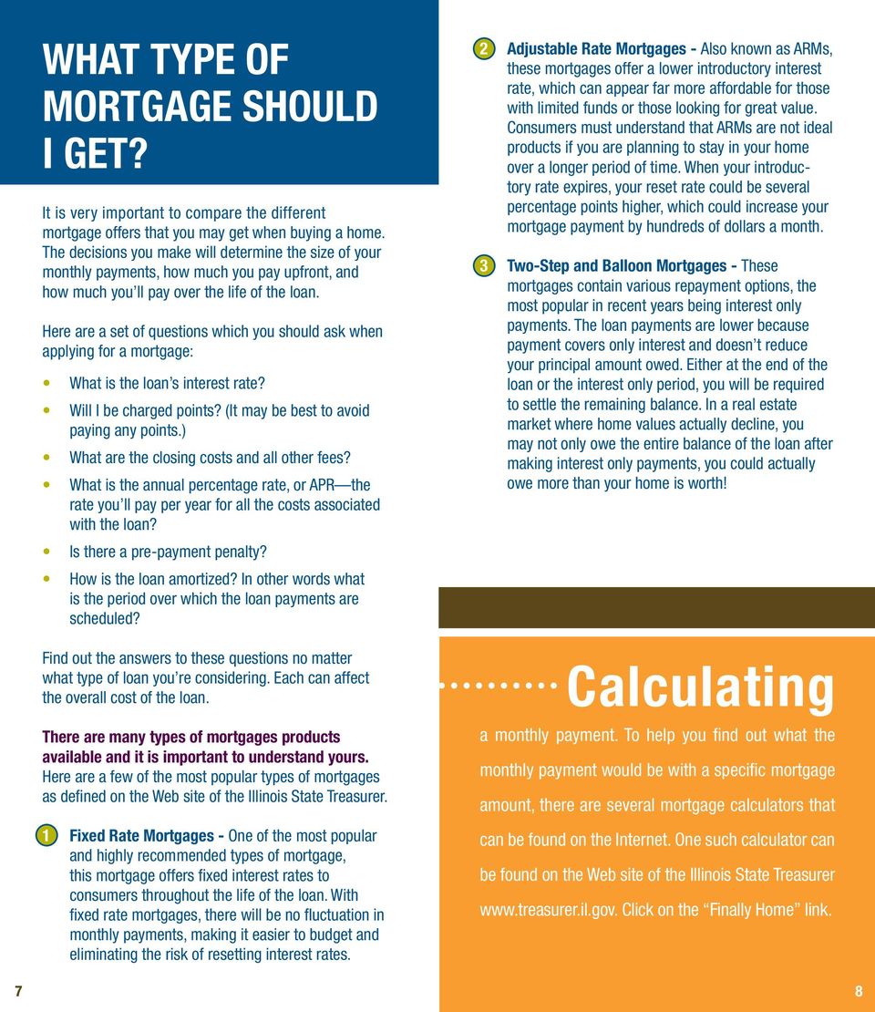 Here are a set of questions which you should ask when applying for a mortgage: What is the loan s interest rate? Will I be charged points? (It may be best to avoid paying any points.