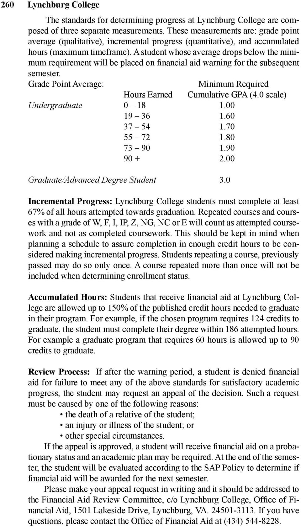 A student whose average drops below the minimum requirement will be placed on financial aid warning for the subsequent semester. Grade Point Average: Minimum Required Hours Earned Cumulative GPA (4.