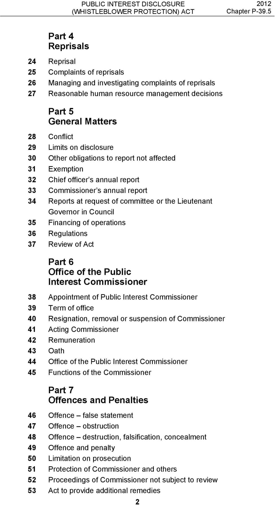 Governor in Council 35 Financing of operations 36 Regulations 37 Review of Act Part 6 Office of the Public Interest Commissioner 38 Appointment of Public Interest Commissioner 39 Term of office 40
