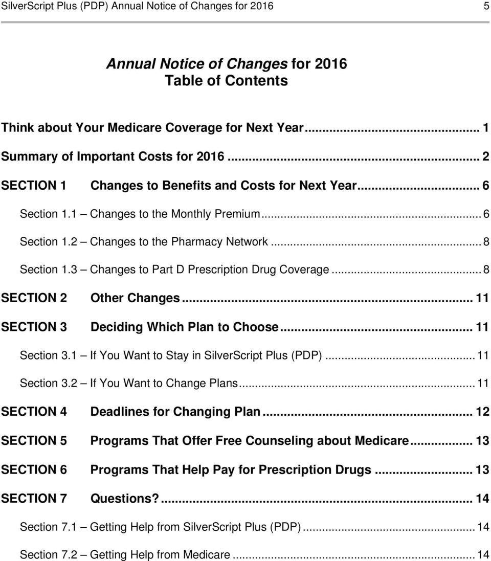 3 Changes to Part D Prescription Drug Coverage... 8 SECTION 2 SECTION 3 Other Changes... 11 Deciding Which Plan to Choose... 11 Section 3.1 If You Want to Stay in SilverScript Plus (PDP).