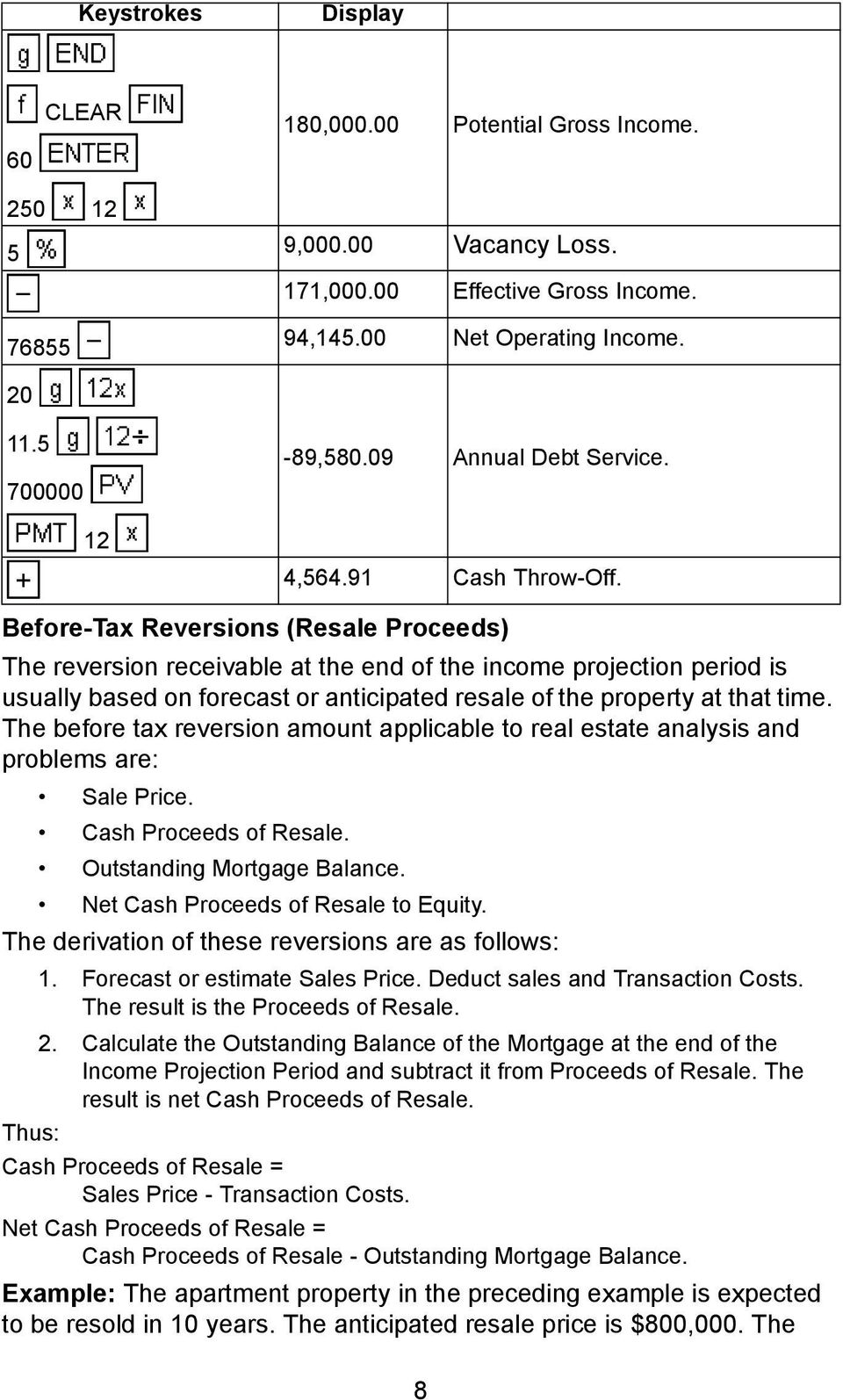 The before tax reversion amount applicable to real estate analysis and problems are: Sale Price. Cash Proceeds of Resale. Outstanding Mortgage Balance. Net Cash Proceeds of Resale to Equity.