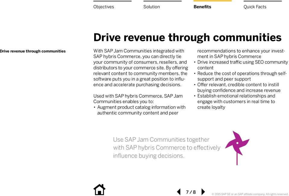 Used with SAP hybris Commerce, SAP Jam Communities enables you to: Augment product catalog information with authentic community content and peer recommendations to enhance your investment in SAP