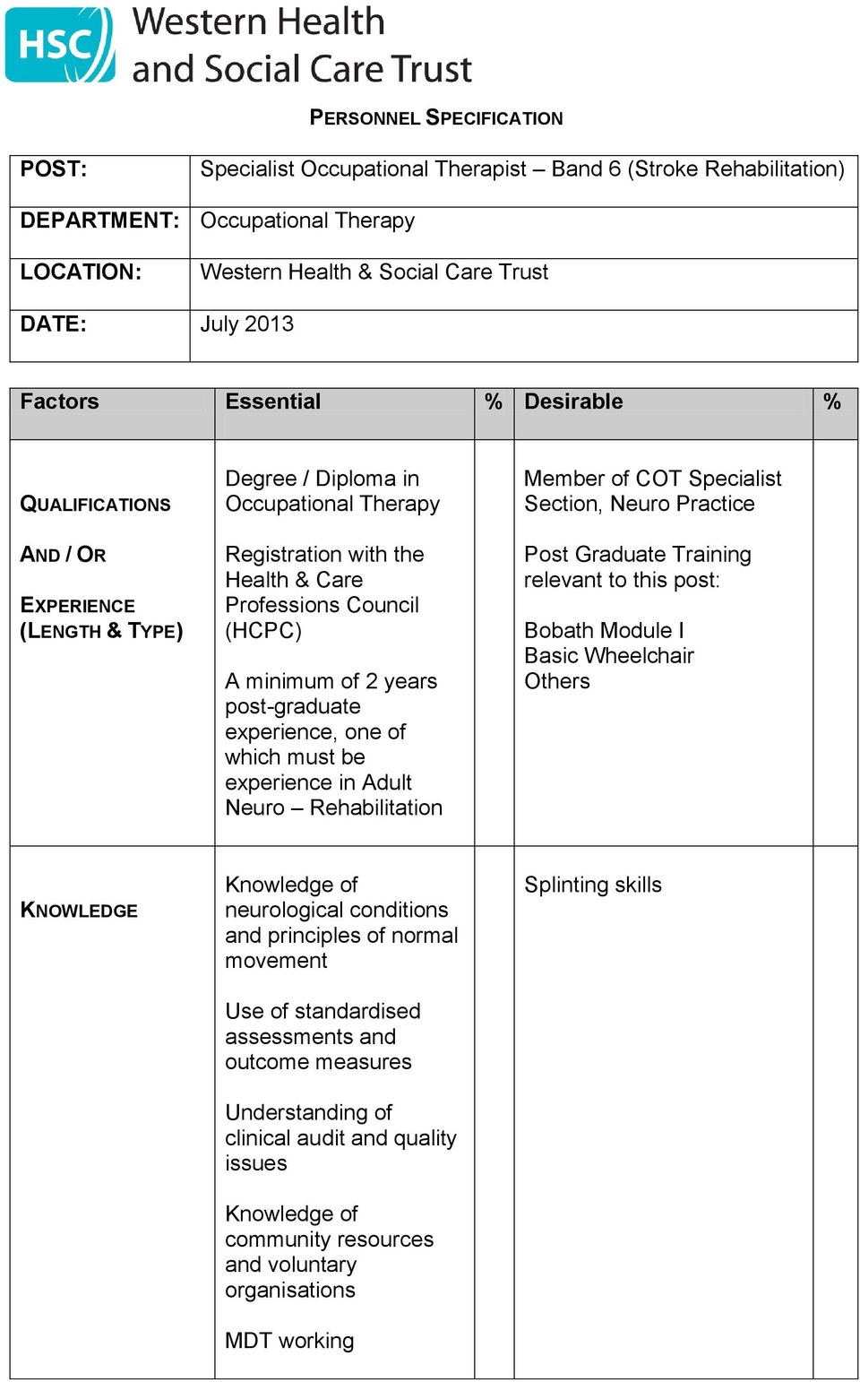 post-graduate experience, one of which must be experience in Adult Neuro Rehabilitation Member of COT Specialist Section, Neuro Practice Post Graduate Training relevant to this post: Bobath Module I
