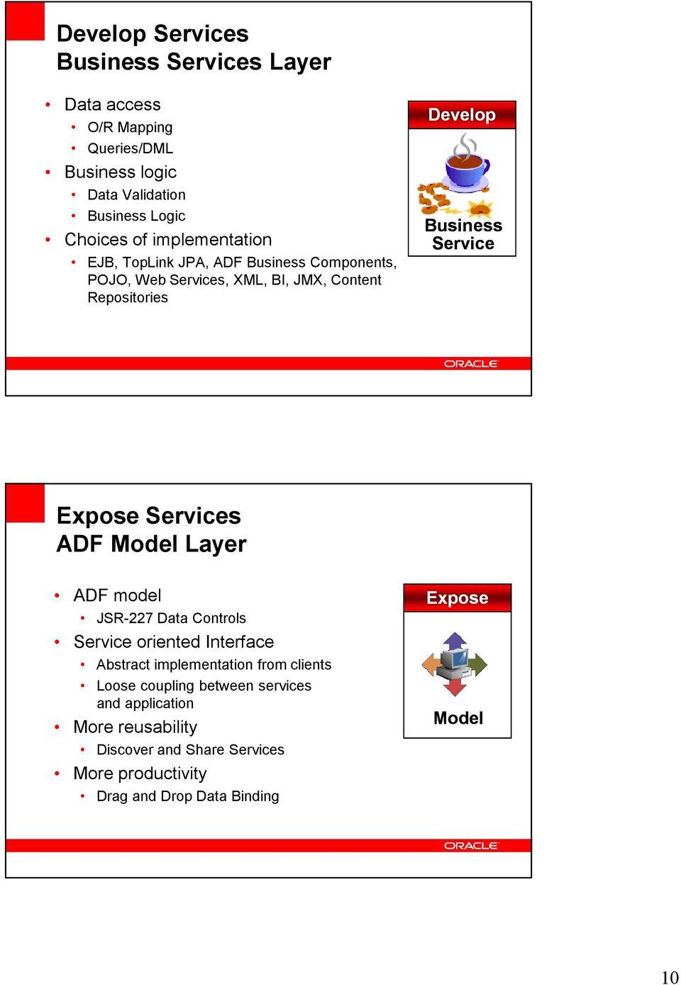Expose Services ADF Model Layer ADF model JSR-227 Data Controls Service oriented Interface Abstract implementation from clients Loose