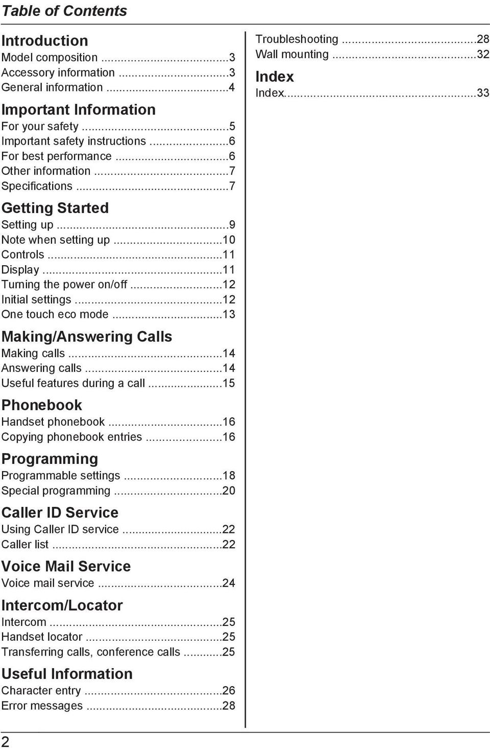 ..13 Making/Answering Calls Making calls...14 Answering calls...14 Useful features during a call...15 Phonebook Handset phonebook...16 Copying phonebook entries...16 Programming Programmable settings.