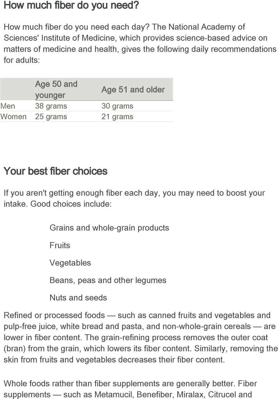 younger Age 51 and older Men 38 grams 30 grams Women 25 grams 21 grams Your best fiber choices If you aren't getting enough fiber each day, you may need to boost your intake.