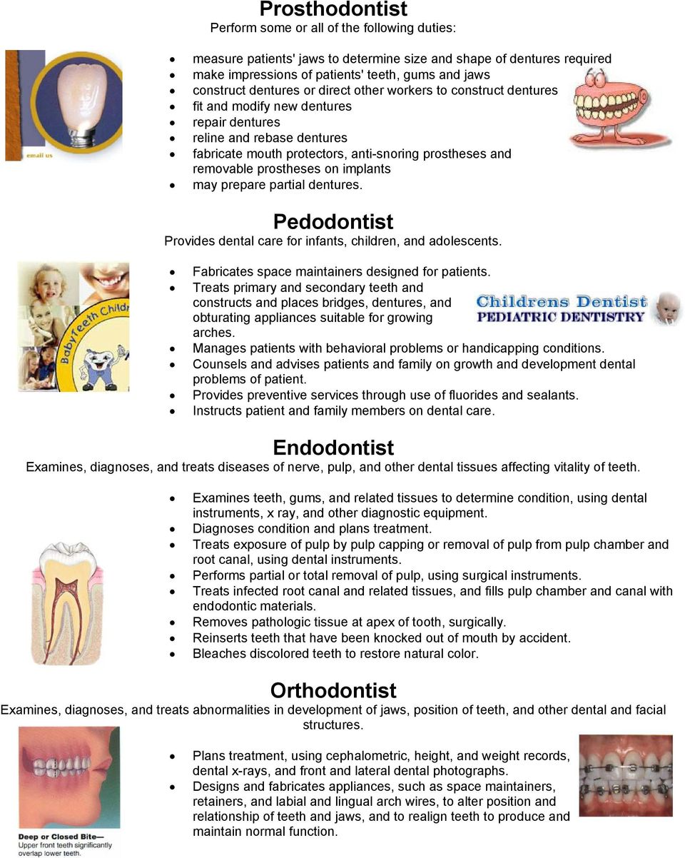 prostheses on implants may prepare partial dentures. Pedodontist Provides dental care for infants, children, and adolescents. Fabricates space maintainers designed for patients.