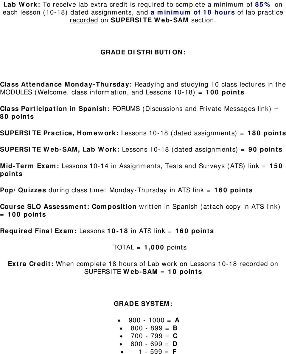 GRADE DISTRIBUTION: Class Attendance Monday-Thursday: Readying and studying 10 class lectures in the MODULES (Welcome, class information, and Lessons 10-18) = 100 points Class Participation in