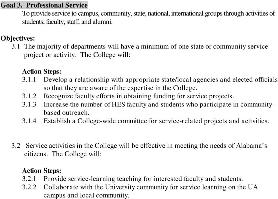 3.1.3 Increase the number of HES faculty and students who participate in communitybased outreach. 3.1.4 Establish a College-wide committee for service-related projects and activities. 3.2 Service activities in the College will be effective in meeting the needs of Alabama s citizens.
