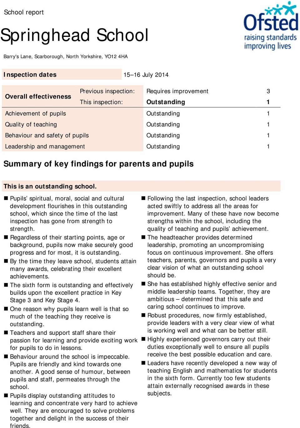 findings for parents and pupils This is an outstanding school.