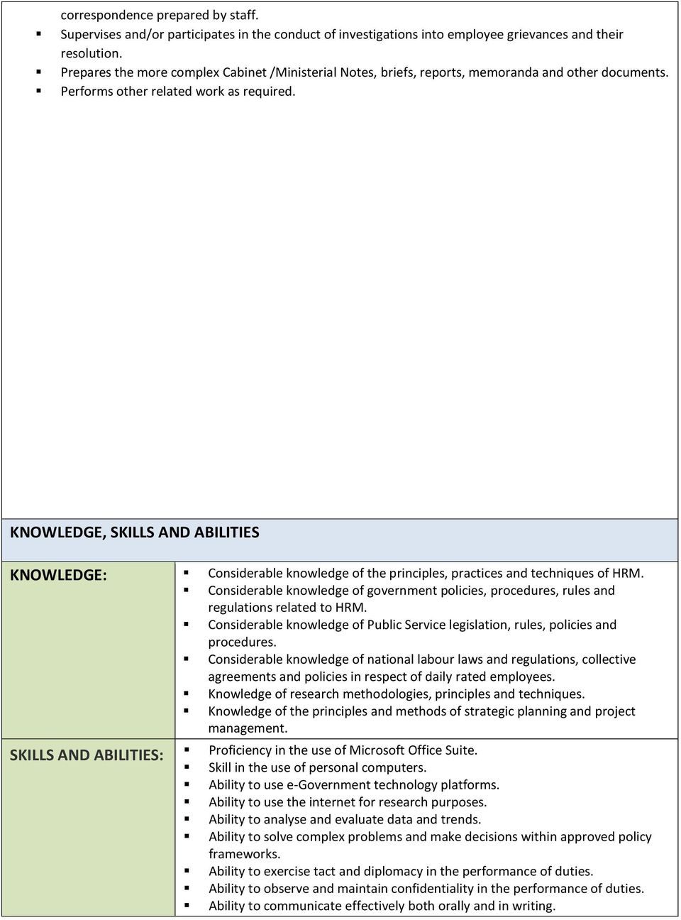 KNOWLEDGE, SKILLS AND ABILITIES KNOWLEDGE: Considerable knowledge of the principles, practices and techniques of HRM.
