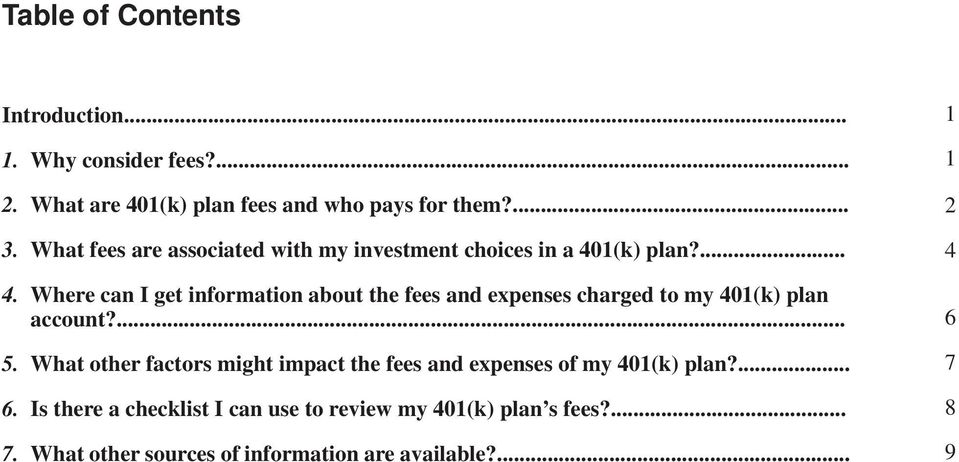 1(k) plan?... 4. Where can I get information about the fees and expenses charged to my 401(k) plan account?... 5.