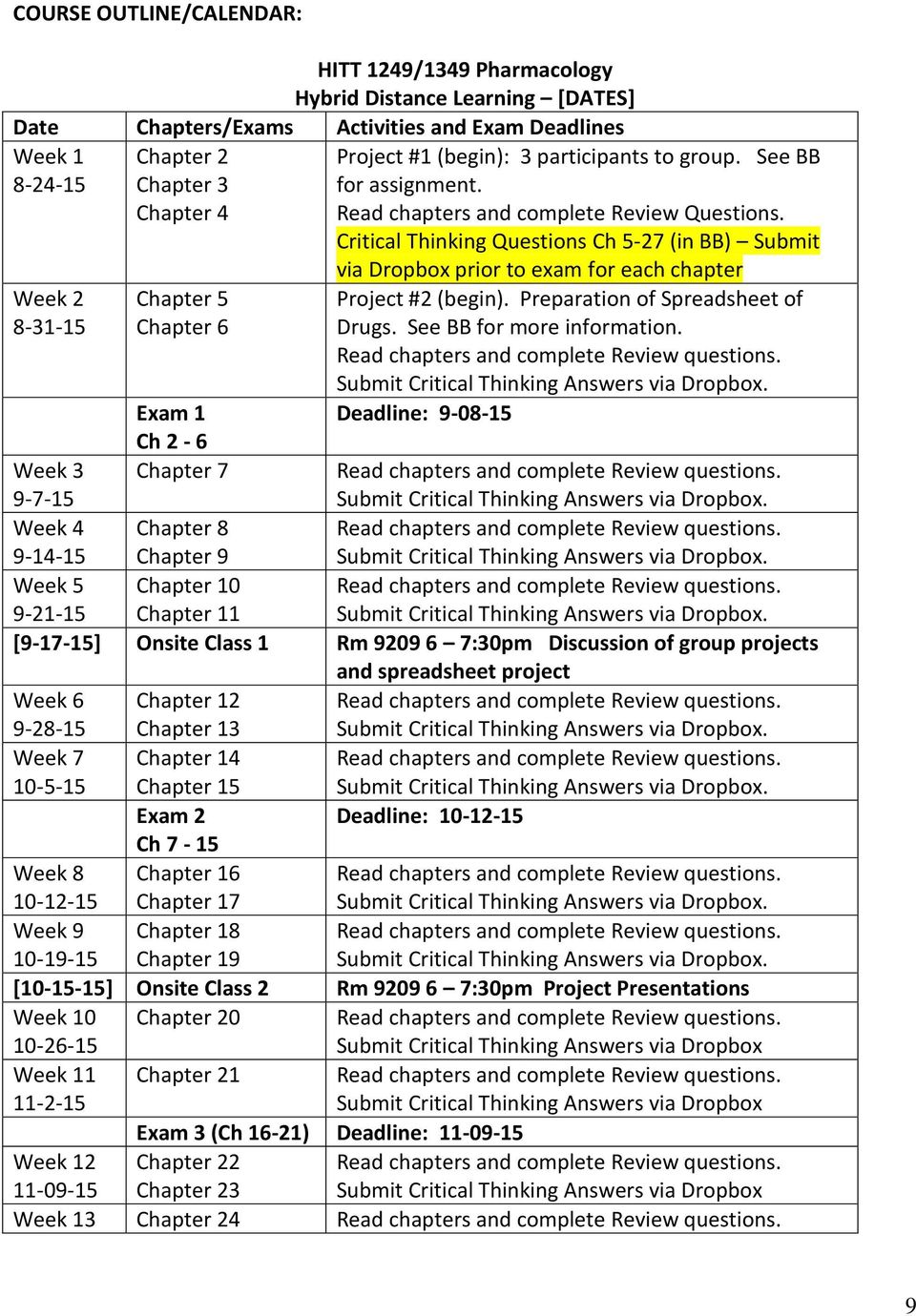 Critical Thinking Questions Ch 5-27 (in BB) Submit via Dropbox prior to exam for each chapter Project #2 (begin). Preparation of Spreadsheet of Drugs. See BB for more information.