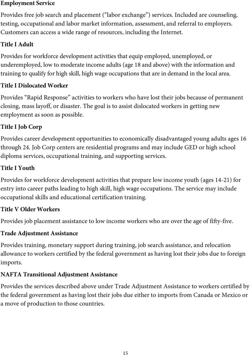 Title I Adult Provides for workforce development activities that equip employed, unemployed, or underemployed, low to moderate income adults (age 18 and above) with the information and training to