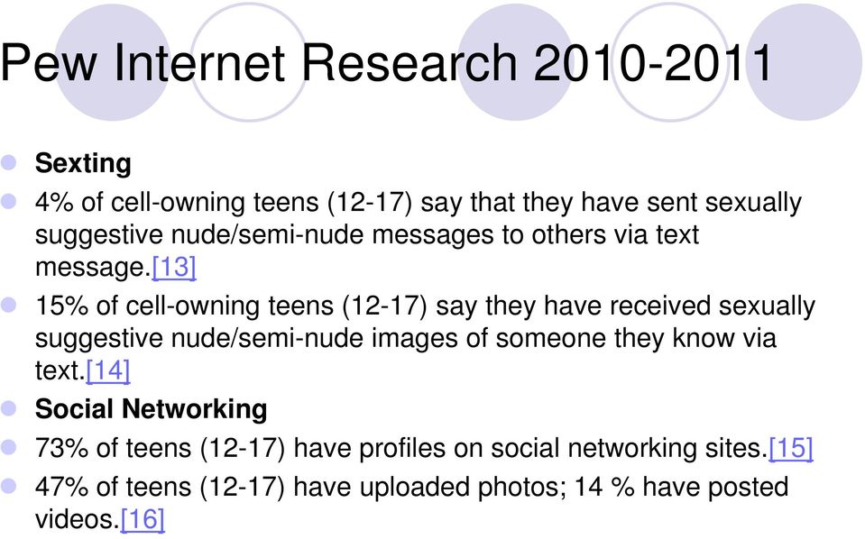 [13] 15% of cell-owning teens (12-17) say they have received sexually suggestive nude/semi-nude images of someone