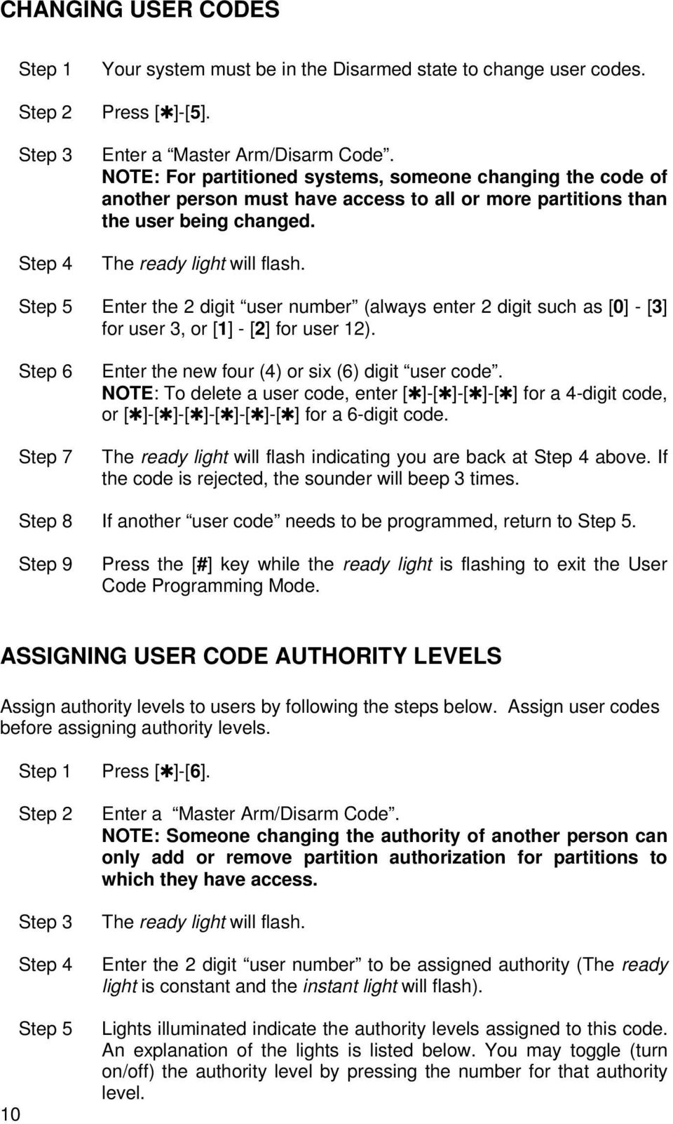 Step 5 Enter the 2 digit user number (always enter 2 digit such as [0] - [3] for user 3, or [1] - [2] for user 12). Step 6 Step 7 Enter the new four (4) or six (6) digit user code.