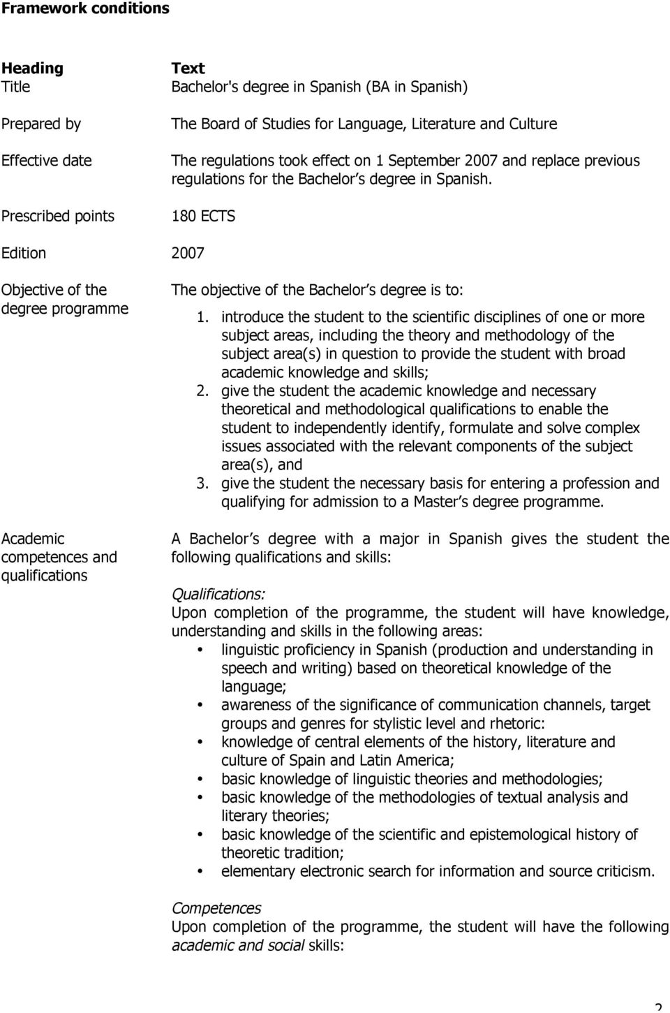 180 ECTS Edition 2007 Objective of the degree programme Academic competences and qualifications The objective of the Bachelor s degree is to: 1.