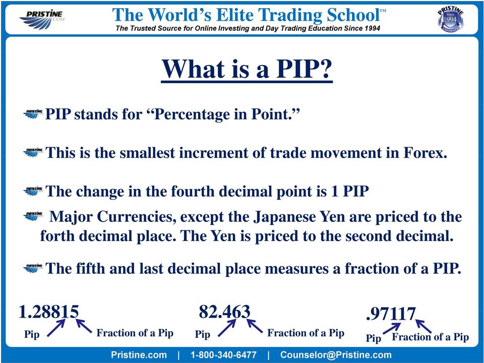 The change in the fourth decimal point is 1 PIP Major Currencies, except the Japanese Yen are priced to the