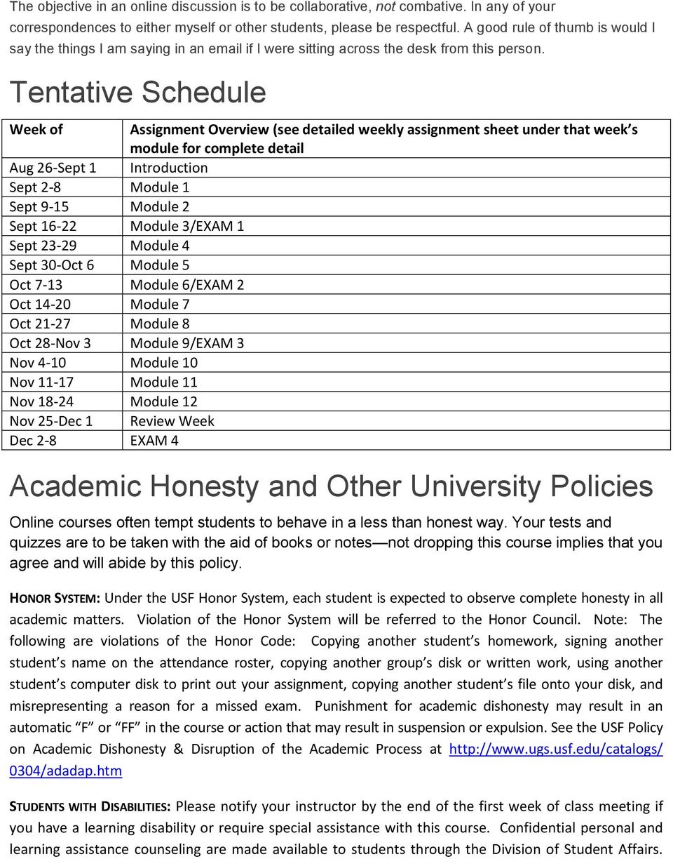 Tentative Schedule Week of Assignment Overview (see detailed weekly assignment sheet under that week s module for complete detail Aug 26-Sept 1 Introduction Sept 2-8 Module 1 Sept 9-15 Module 2 Sept